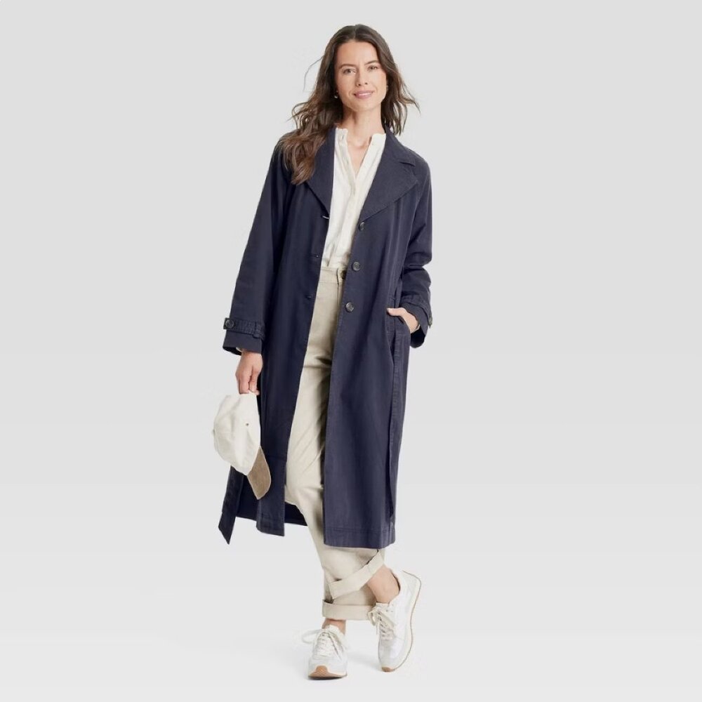 new Size XXL Universal Thread Women's Long Sleeve Trench Coat in Navy Blue color